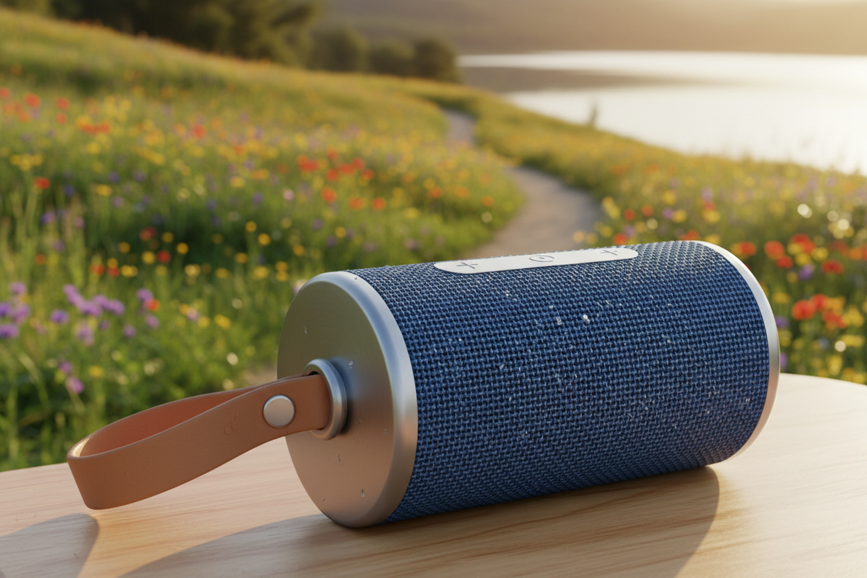 Portable Bluetooth Speaker with fabric mesh grille and carry strap